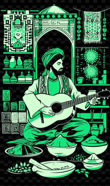 PSD oud player in a middle eastern bazaar with spices and textil illustration music poster designs