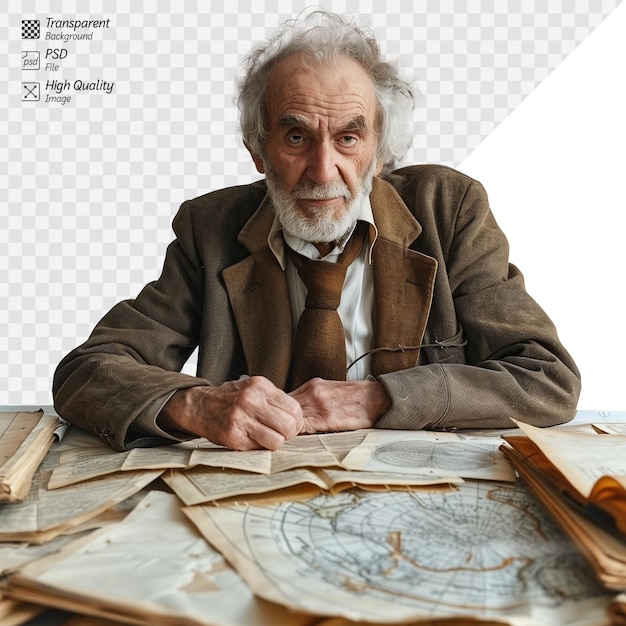 Oudere historicus met oude kaarten en documenten op zijn bureau