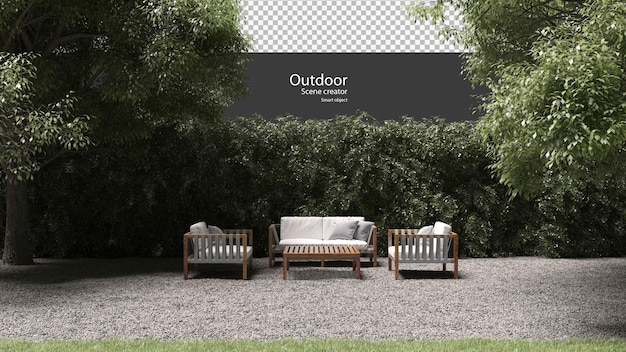 Out door furniture on gravel in 3d rendering