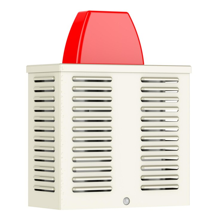 PSD outdoor alarm siren with strobe siren alarm bell 3d rendering isolated on transparent background