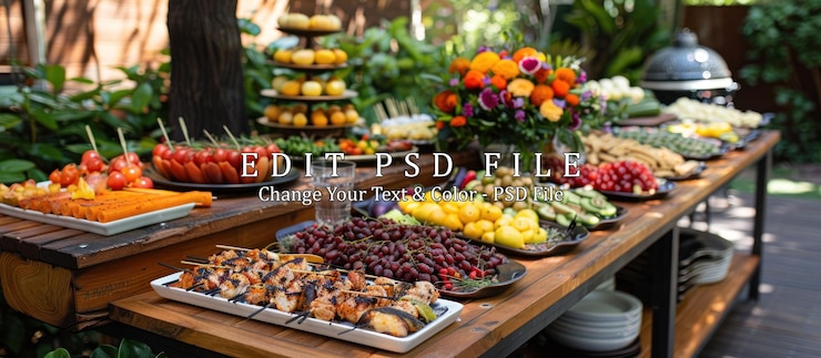 PSD outdoor buffet table with food and decorations