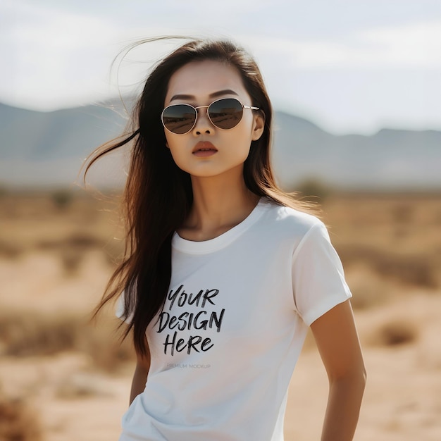 Outdoor chic stylish white tshirt psd mockup con una splendida modella asiatica