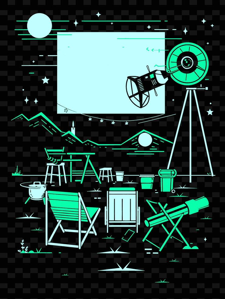 PSD outdoor movie night met gezinnen en vrienden projector en creatieve illustratie idee ontwerpen