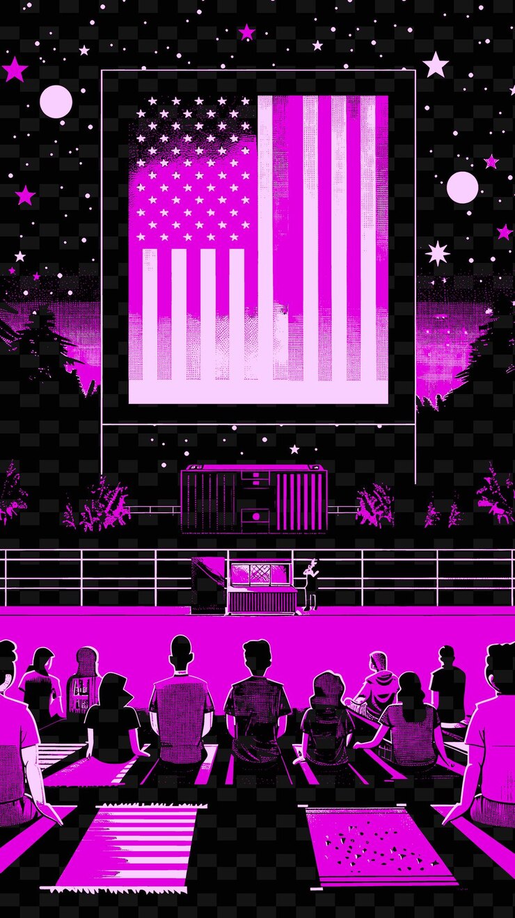 PSD outdoor movie night with people watching a movie on a large creative illustration idea designs
