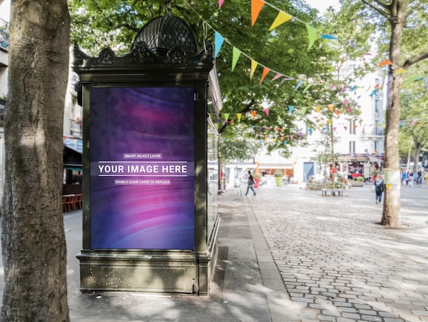 Outdoor newspaper kiosk advertisement in paris mockup