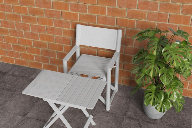 Outdoor Patio Scene with White Furniture and Potted Plant