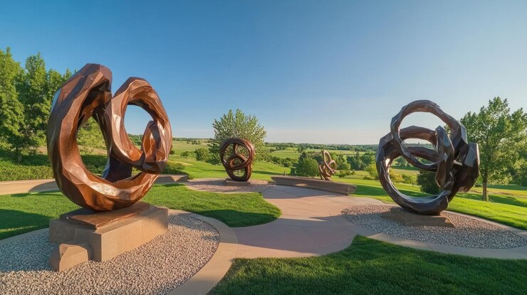 PSD outdoor sculpture park with abstract metal sculptures
