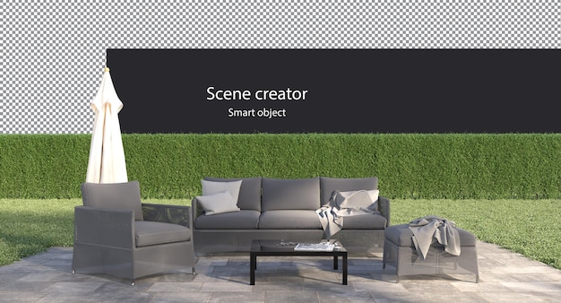 PSD outdoor sofa set surrounded by grass field and hedge on background isolated