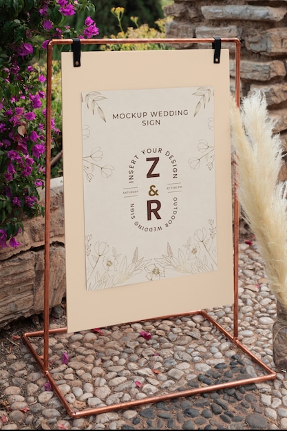 PSD design del mockup del segno di matrimonio all'aperto