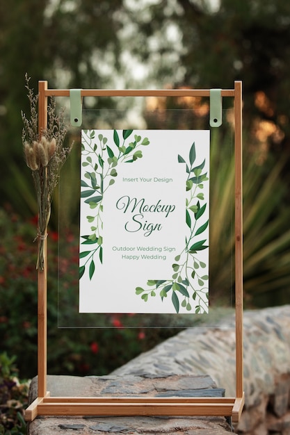 PSD design del mockup del segno di matrimonio all'aperto