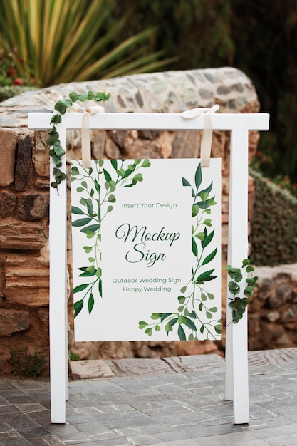 PSD design del mockup del segno di matrimonio all'aperto