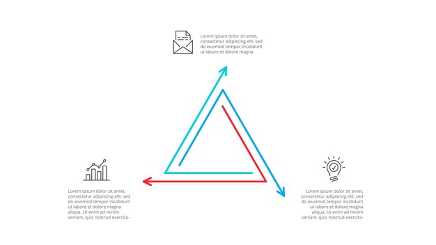 Triangolo di contorno con frecce per il modello di infografica presentazione aziendale con 3 opzioni