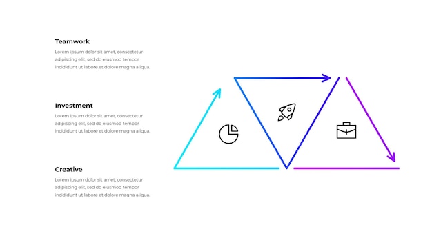 Outline triangles with 3 steps or options Concept of timeline business development process