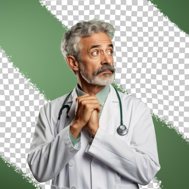 Outraged adult hispanic obgyn in pensive pose finger on lips