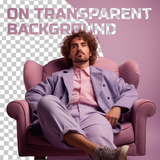 PSD a outraged adult man with wavy hair from the mongolic ethnicity dressed in crafting handmade items attire poses in a laid back chair lean style against a pastel lavender background