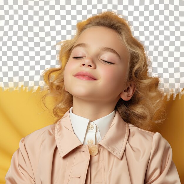PSD Оскорбленный ребенок блондинка скандинавка в костюме дерматолога глаза закрыты с улыбкой на пастельном кремовом фоне