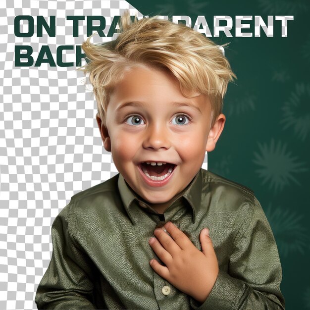 PSD a outraged child boy with blonde hair from the scandinavian ethnicity dressed in coach attire poses in a laughing with hand covering mouth style against a pastel green background