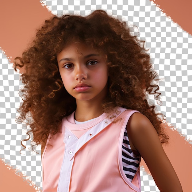 PSD a outraged child girl with curly hair from the native american ethnicity dressed in playing basketball attire poses in a intense direct gaze style against a pastel salmon background