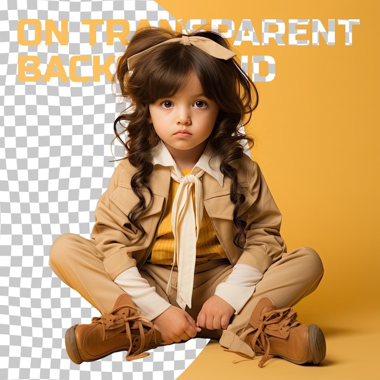 PSD a outraged toddler woman with long hair from the east asian ethnicity dressed in butcher attire poses in a sitting with legs stretched out style against a pastel yellow background