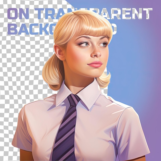 PSD a outraged young adult woman with blonde hair from the mongolic ethnicity dressed in customer service representative attire poses in a profile silhouette style against a pastel periwinkle b