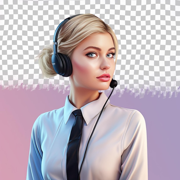 PSD a outraged young adult woman with blonde hair from the mongolic ethnicity dressed in customer service representative attire poses in a profile silhouette style against a pastel periwinkle b