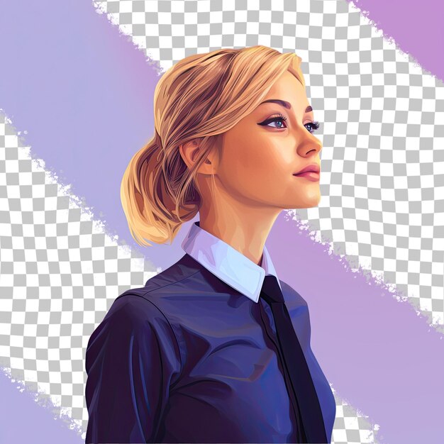 A outraged young adult woman with blonde hair from the mongolic ethnicity dressed in customer service representative attire poses in a profile silhouette style against a pastel periwinkle b