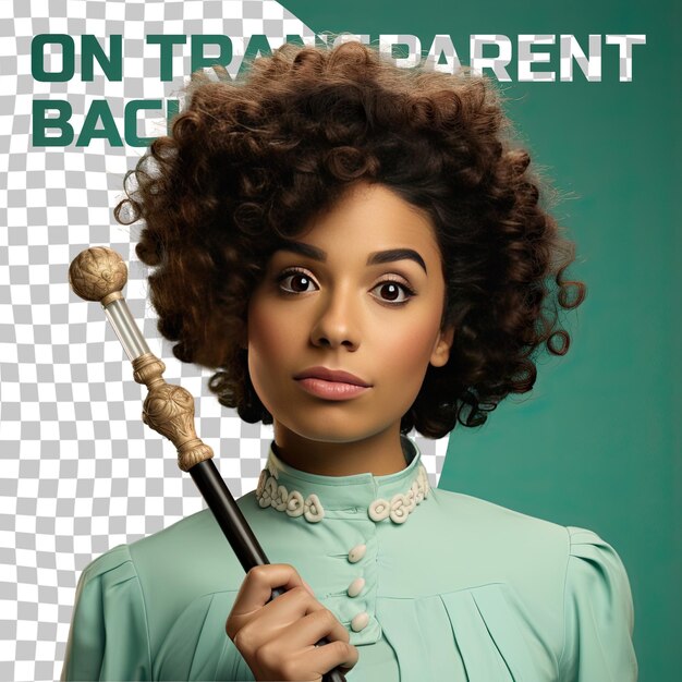 PSD a outraged young adult woman with kinky hair from the hispanic ethnicity dressed in boat captain attire poses in a hand brushing through hair style against a pastel teal background