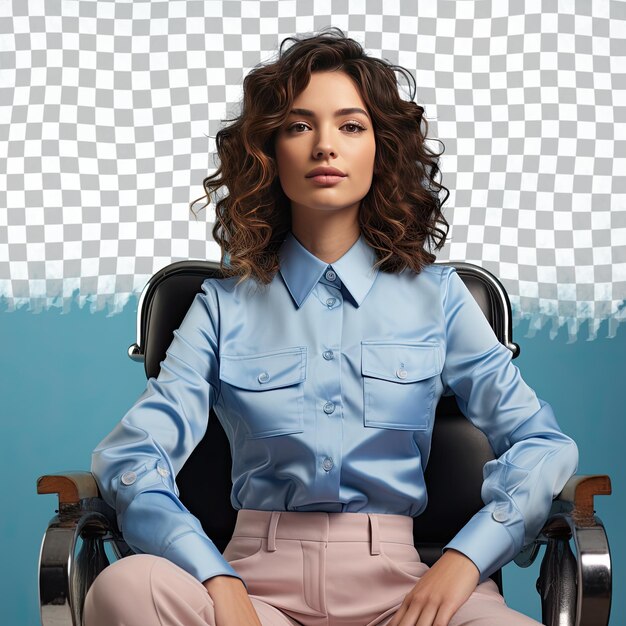 A outraged young adult woman with wavy hair from the nordic ethnicity dressed in industrial designer attire poses in a full length with a prop like a chair style against a pastel periwinkle