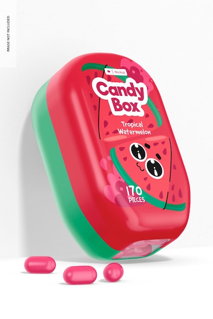 PSD oval candy plastic box mockup, leaned