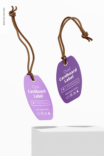 oval cardboard labels with leather rope mockup, falling