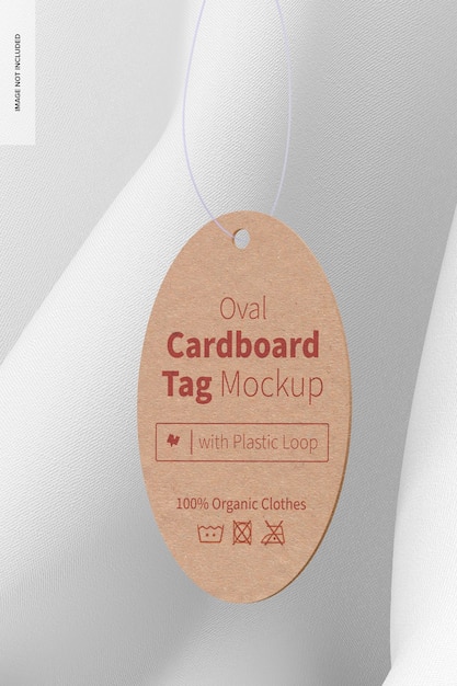 Oval cardboard tag with plastic loop mockup, hanging