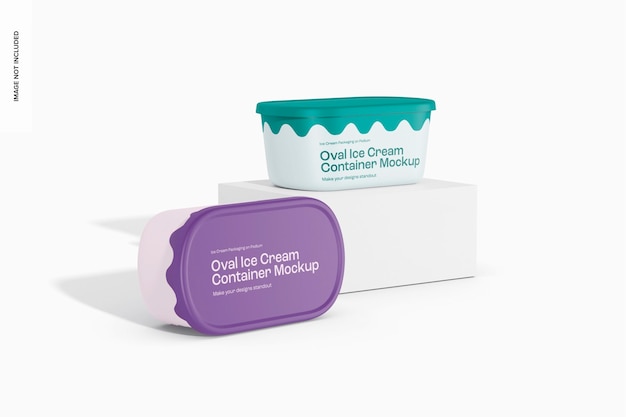 PSD oval ice cream containers mockup, standing and dropped