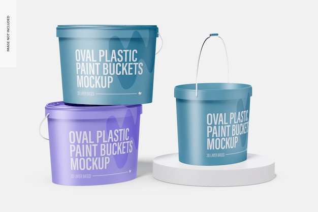 PSD oval plastic paint buckets mockup, stacked