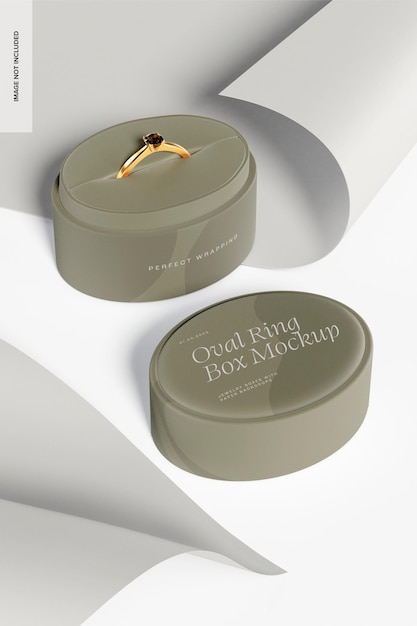 PSD oval ring box with paper backdrop mockup, opened