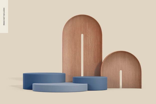 oval wooden arch podiums mockup, front view