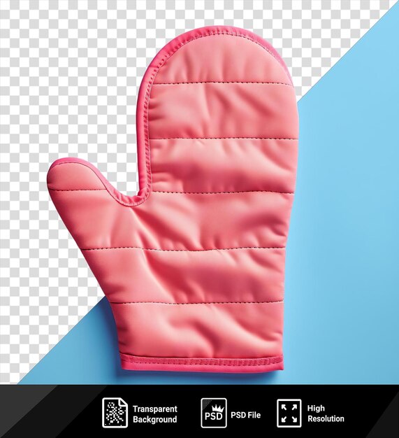 PSD oven mitt on a blue table with a white and blue wall in the background png psd