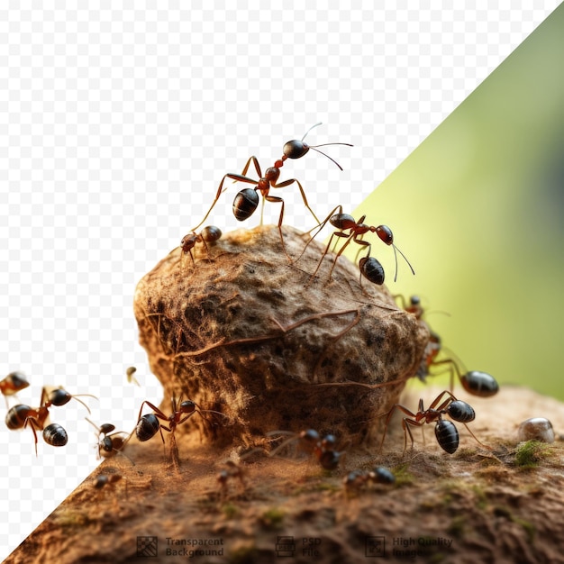 PSD Переэкспонированный муравей с колонией муравьев на лесном дереве