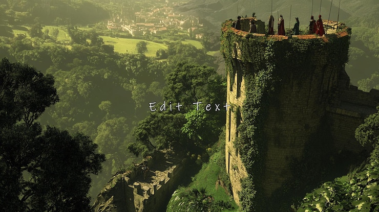 PSD overgrown tower on a cliff overlooking a valley