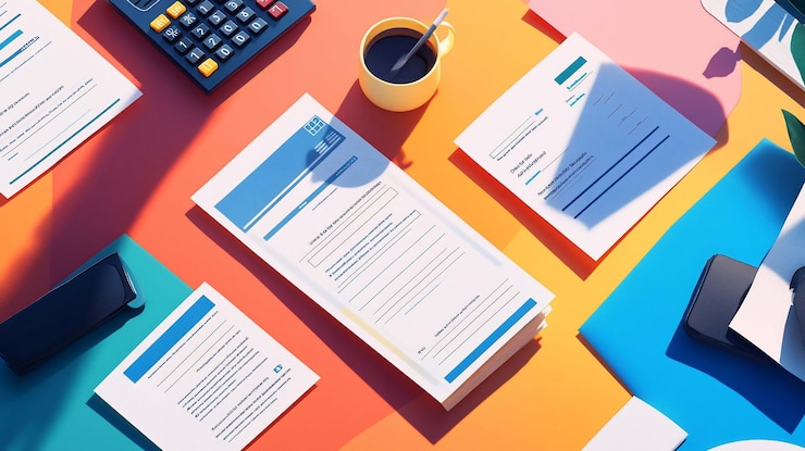 PSD overhead view of a colorful modern workspace with documents coffee calculator and supplies