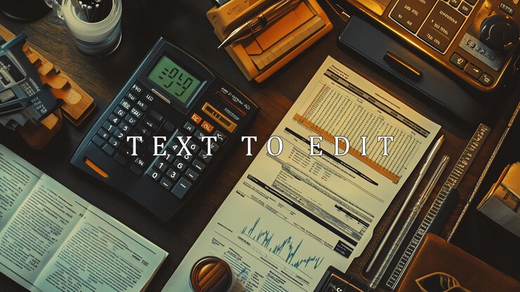 PSD overhead view of a desk with calculator financial documents and office supplies