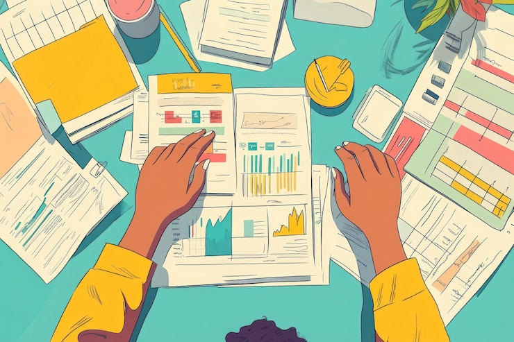 PSD overhead view of hands reviewing financial reports and data charts on a desk