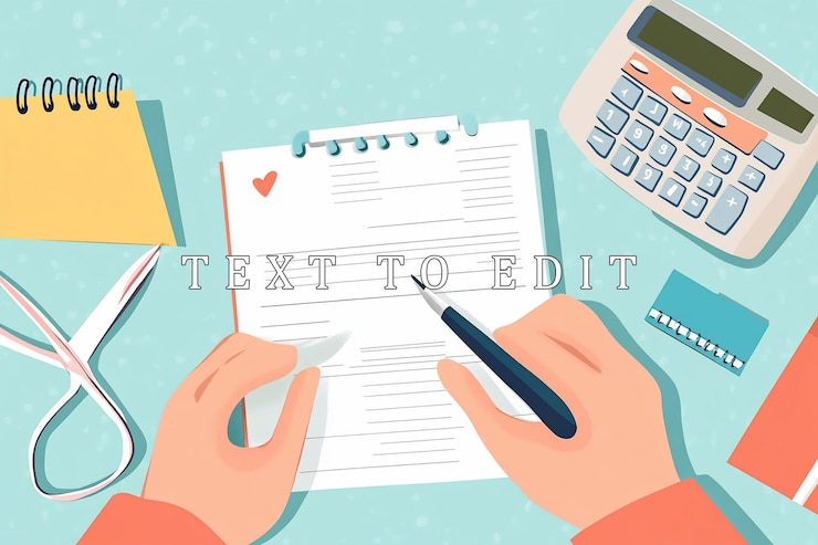 PSD overhead view of hands writing on notepad calculator scissors and stationery on desk