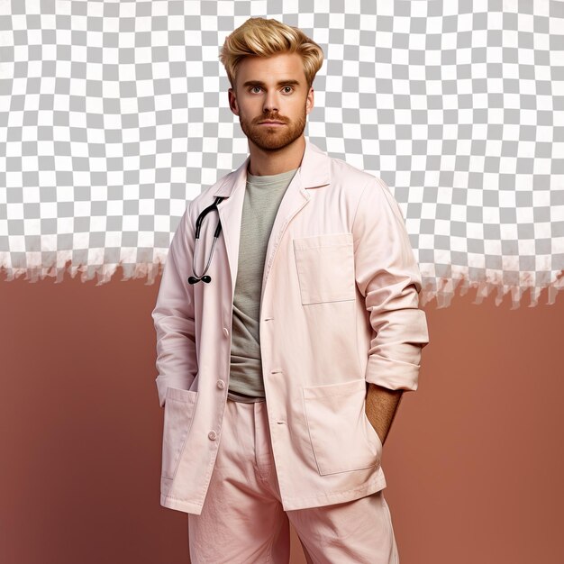 A overwhelmed adult man with blonde hair from the south asian ethnicity dressed in oncologist attire poses in a relaxed stance with hands in pockets style against a pastel beige background