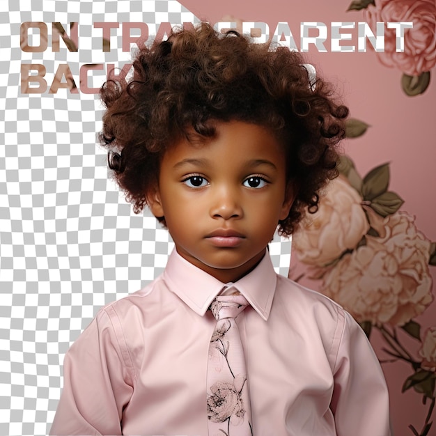 PSD a overwhelmed child boy with curly hair from the african ethnicity dressed in hairdresser attire poses in a crossed arms confidence style against a pastel rose background