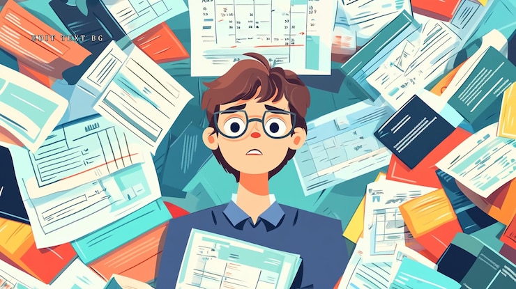 PSD overwhelmed man buried under paperwork stressed expression financial documents