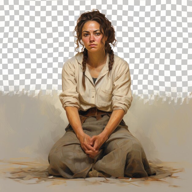 PSD a overwhelmed middle aged woman with wavy hair from the uralic ethnicity dressed in farmer attire poses in a sitting cross legged on the floor style against a pastel cream background