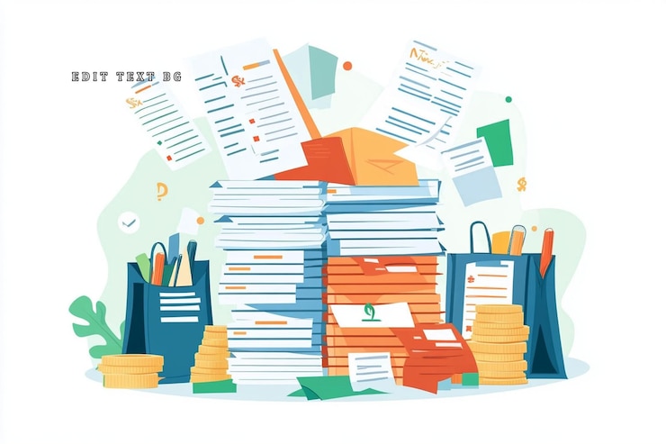 PSD overwhelmed office worker with paperwork bills and supplies