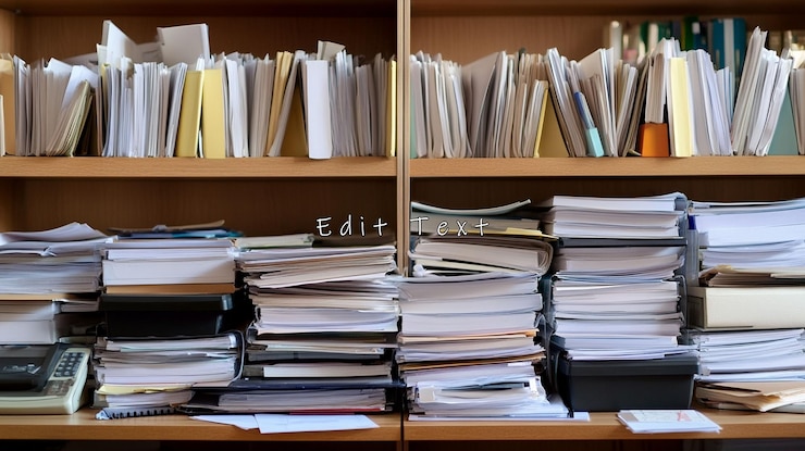 PSD overwhelmed office workers messy desk and overflowing shelves with documents and books