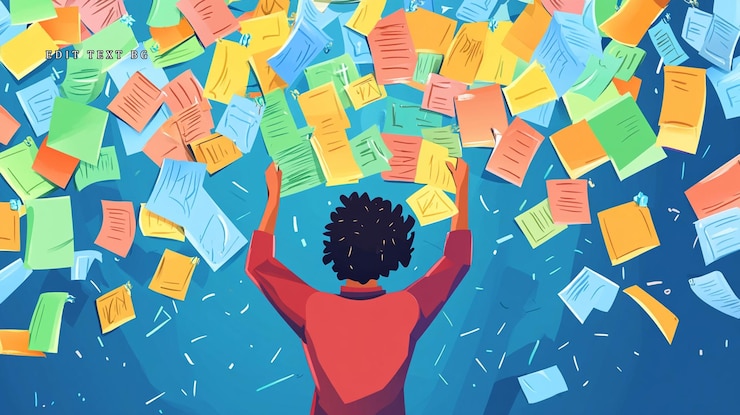 PSD overwhelmed person surrounded by falling papers and notes