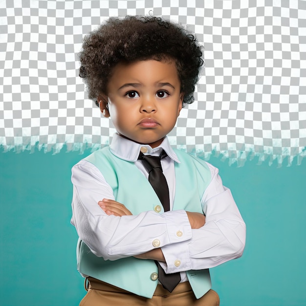 A overwhelmed preschooler boy with kinky hair from the pacific islander ethnicity dressed in hotel manager attire poses in a crossed arms confidence style against a pastel turquoise backgrou